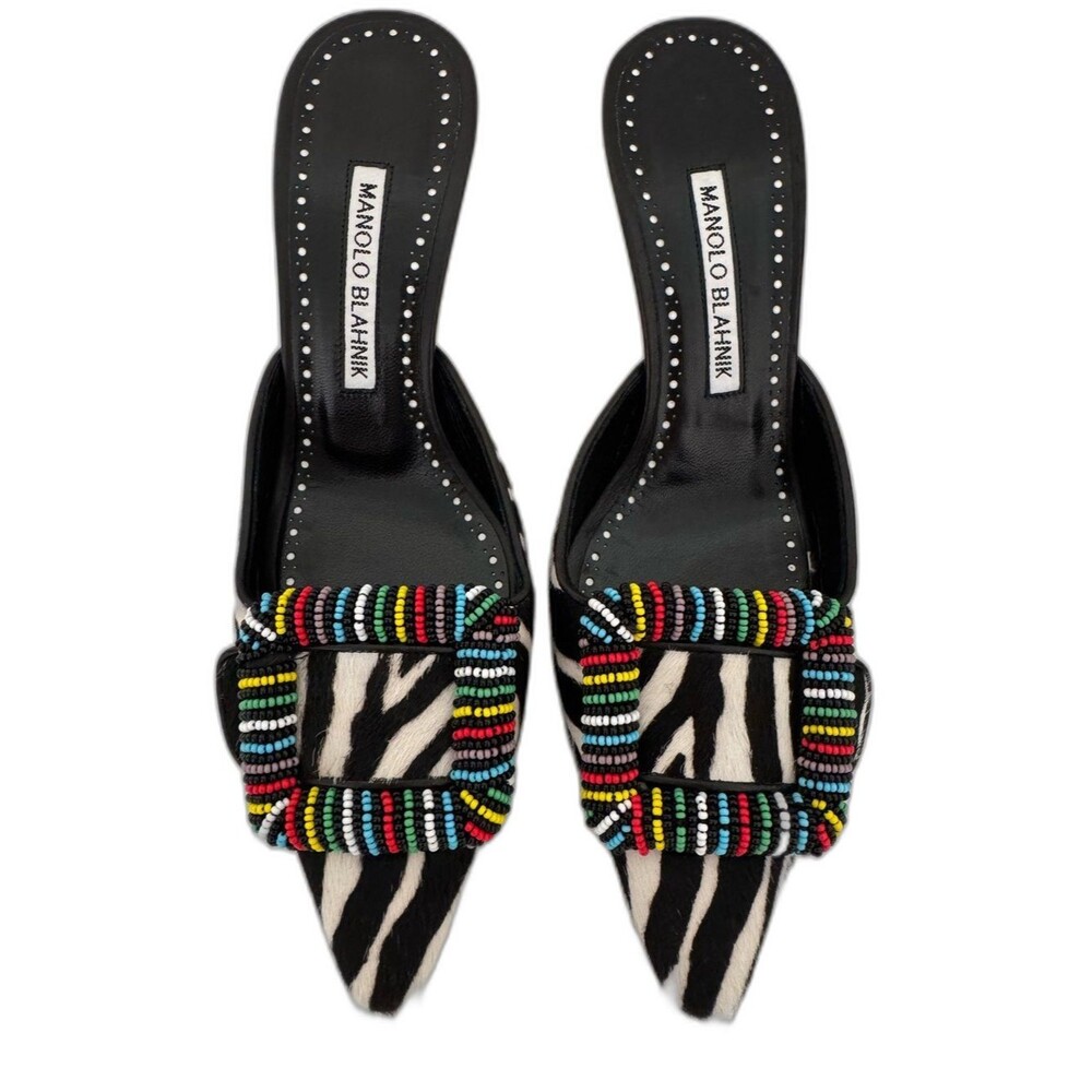 Manolo Blahnik EU 36 Beaded Maysale Black & White Zebra Animal Print Fur Mules